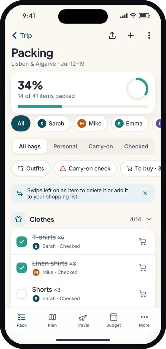 Wayfold Packing list screen