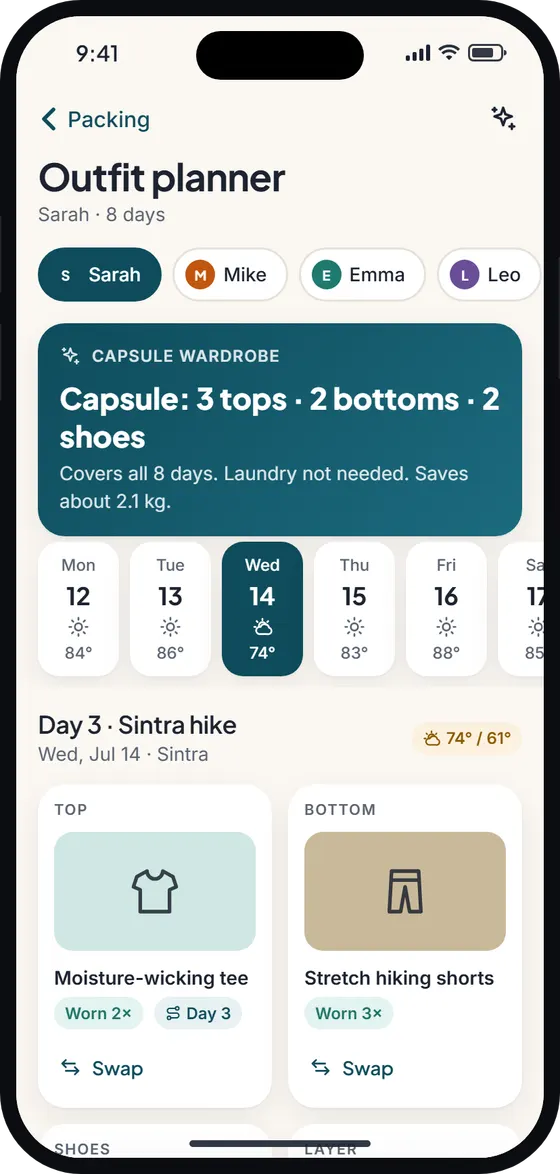 Wayfold Outfit planner screen
