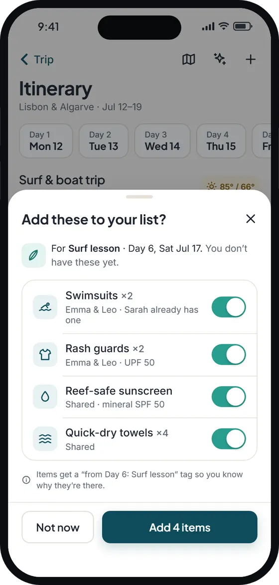 Wayfold Plan-to-pack suggestions screen