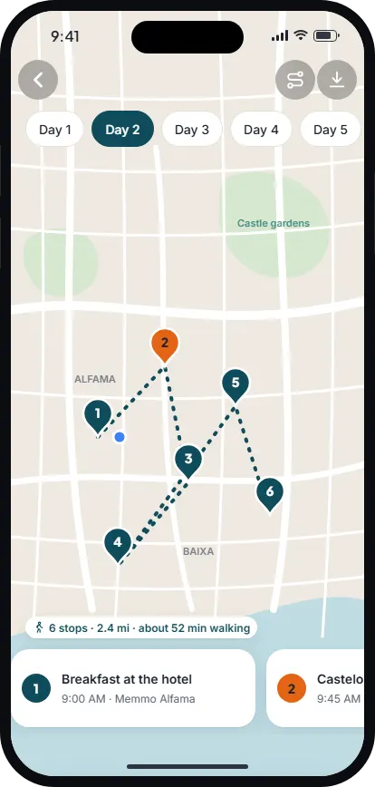 Map of day 2 in Lisbon with six numbered stops and a walking route: 6 stops, 2.4 miles, about 52 minutes walking.