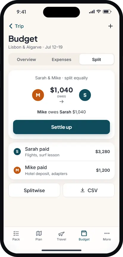 Split costs view showing who owes whom in the group