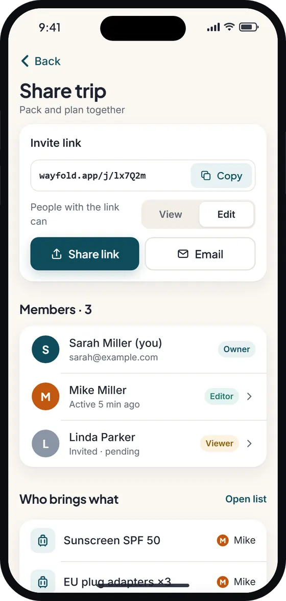 Share trip screen with members and their roles, an invite link and a “who brings what” summary